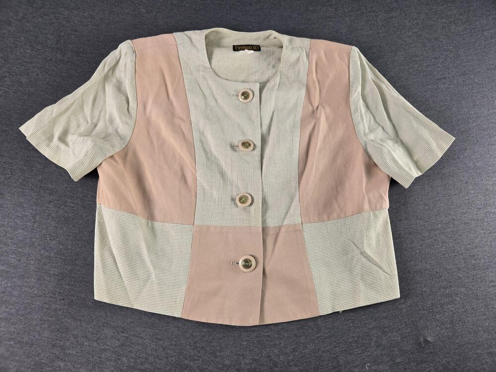 Vtg 90s Virgo II Blouse Womens Large Beige Colorblock Button Front Shoulder Pads